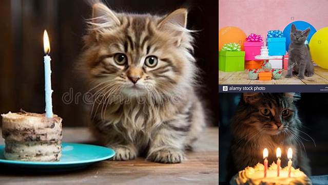 a cat sitting on the floor next to a birthday cake with a lit candle in it
