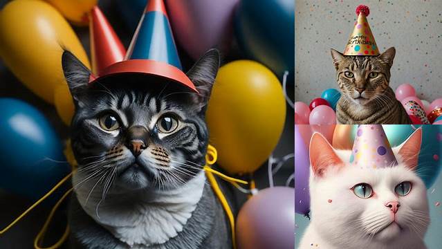 a cat wearing a birthday hat with balloons on it's head is held by a woman