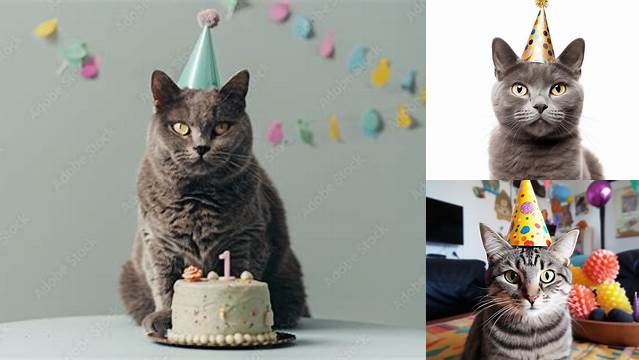 a gray cat wearing a birthday hat and holding a cupcake